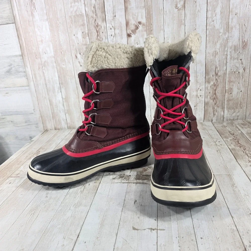 Sorel Waterproof Winter Boots Burgundy Faux Fur Lined Lace Up Women Size 8‎